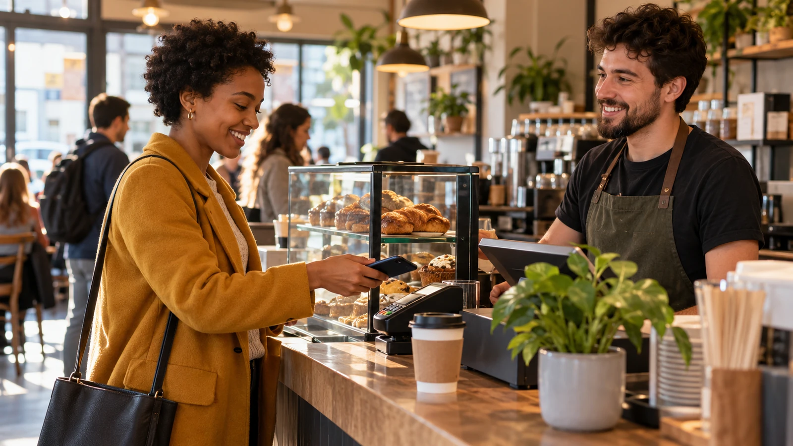 Joven pagando su café con una tarjeta de regalo digital en el teléfono
