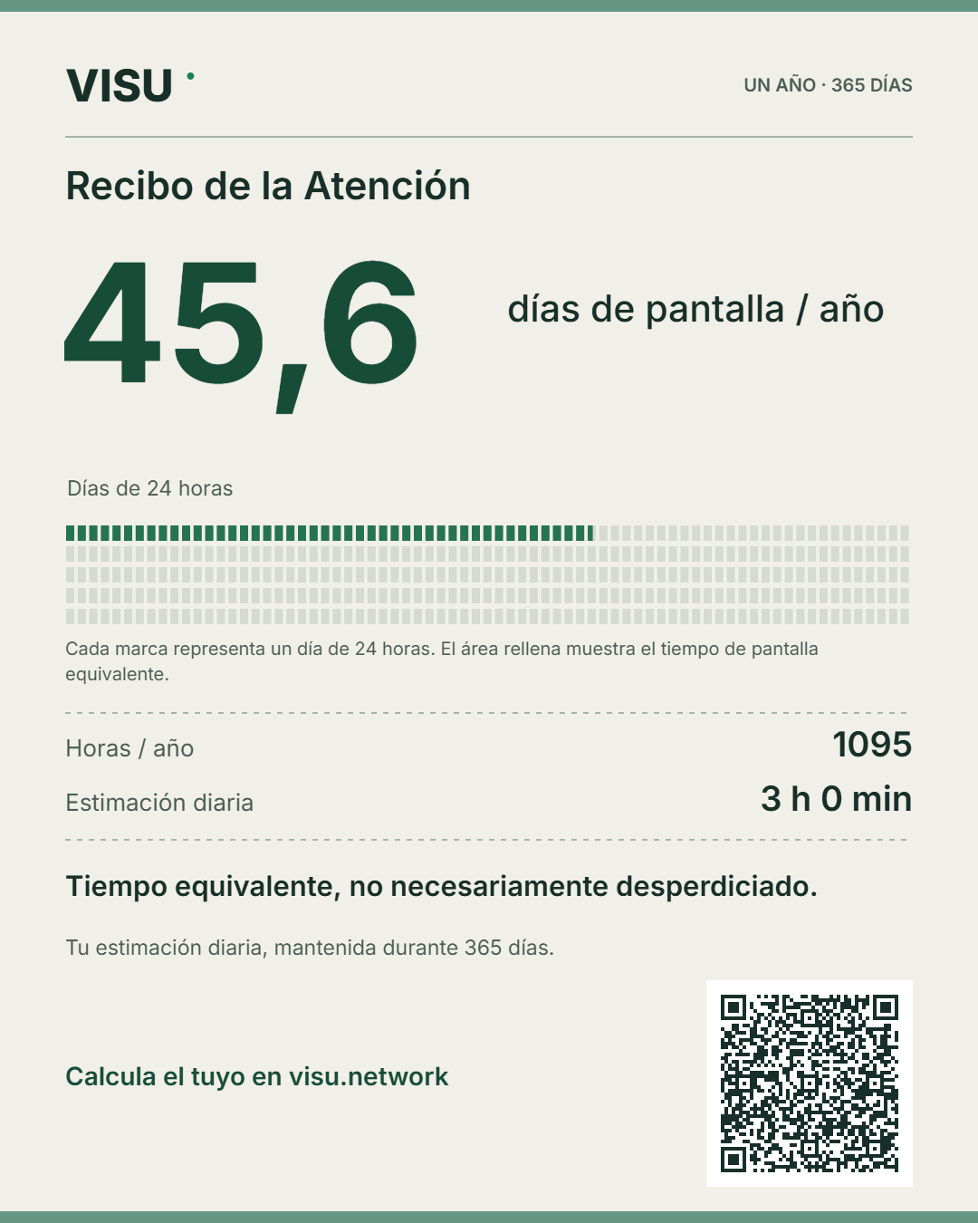 Recibo de la Atención: 3 horas al día equivalen a 1095 horas o 45,6 días completos al año. Un QR abre la calculadora.