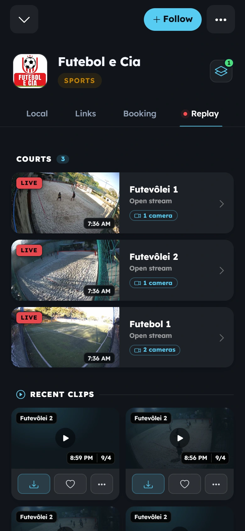 Futebol e Cia's real VISU Replay profile, courts and clips