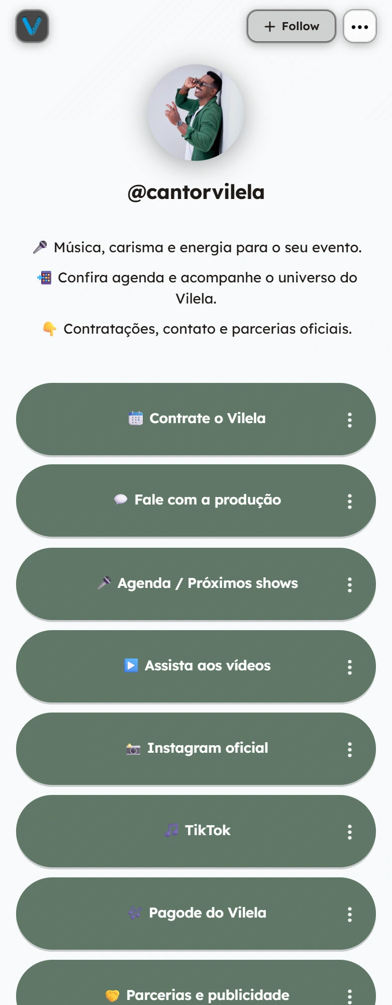Cantor Vilela's public VISU Link, with show enquiries, production contact, videos and social channels
