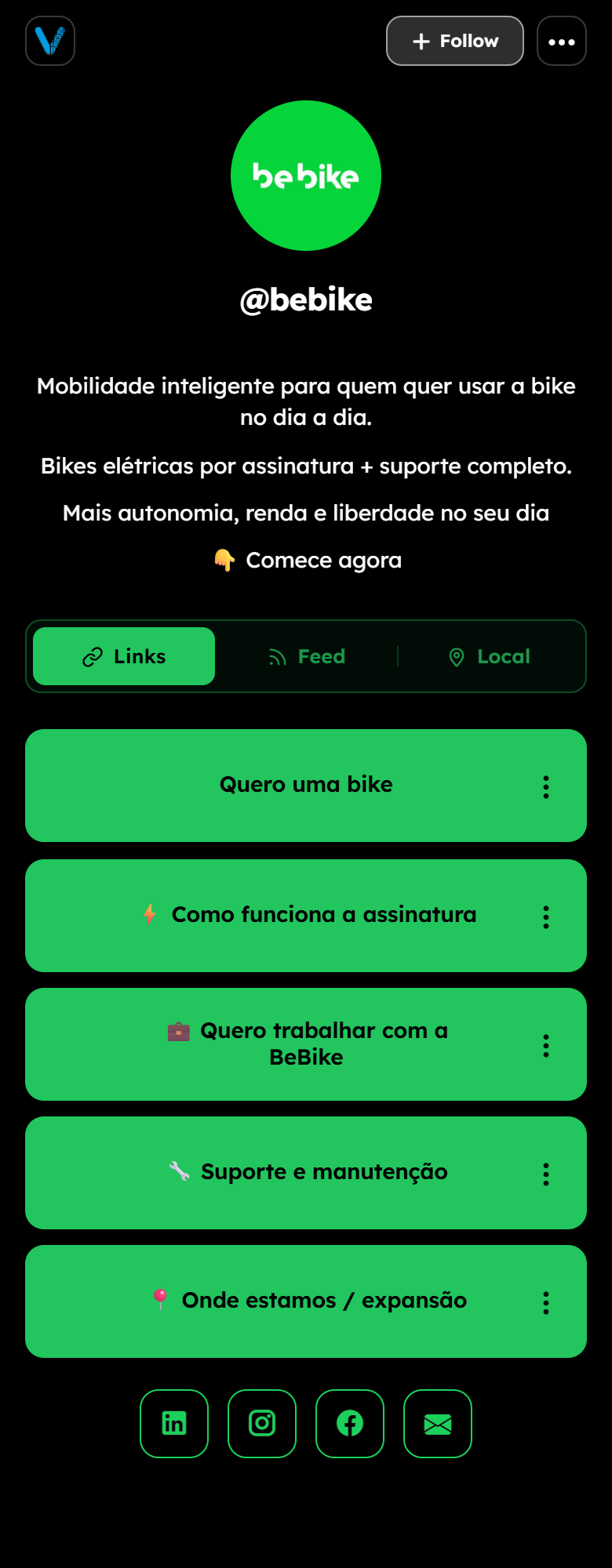Página pública de bebike en visu.to, con la bio de la marca, las pestañas Links, Feed y Local y los enlaces de cliente, suscripción, carrera, soporte y expansión.