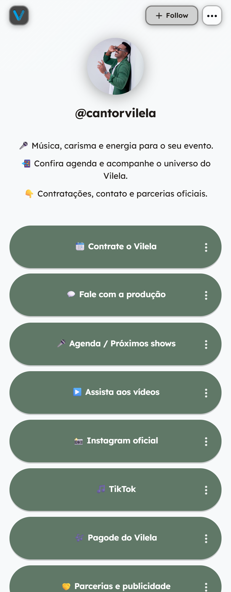 Perfil de Cantor Vilela no visu.to, com os links Contrate o Vilela, Fale com a produção, Agenda / Próximos shows e Assista aos vídeos.